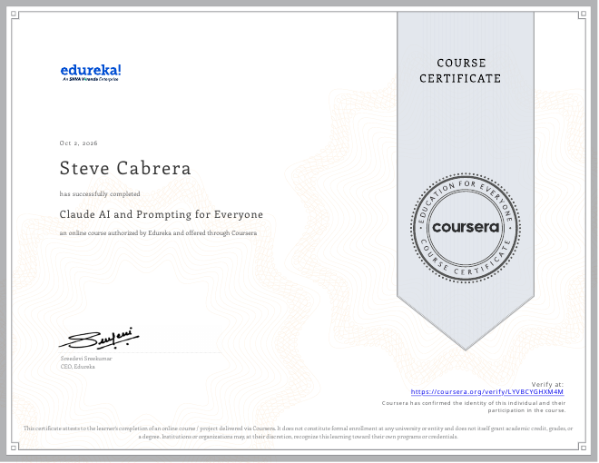 Claude AI and Prompting for Everyone certificate